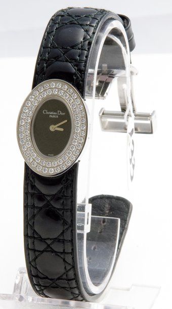 DIOR Lady Dior - Montre de poignet de dame en acier et cuir, cadran noir, la lunette...