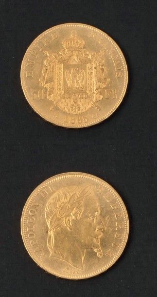 50 francs or Napoléon III 2 ex. :1865 Paris,...