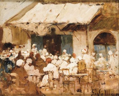 null Georges LEMARE (1866-1942) Place du café - Tunisie Huile sur papier marouflé...