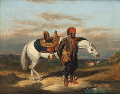 null D’après Alfred DE DREUX (1810-1860) Cavalier arabe Huile sur toile. 73 x 92...