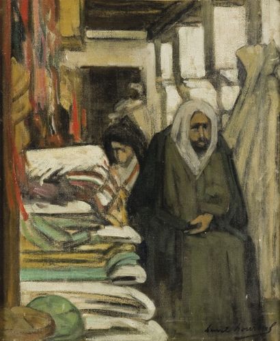null Lucien HOURTAL (1877-1944) Souk aux tissus, Maroc Huile sur toile, signée en...