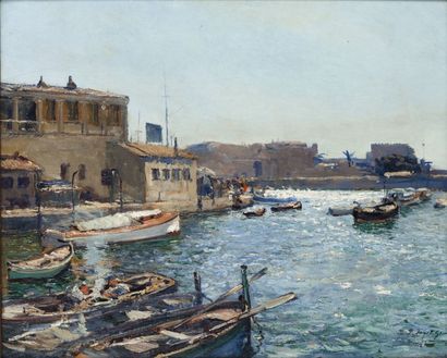 null Pierre FAGET-GERMAIN (1890-1961) Bateaux à quai sur l’amirauté d’Alger Huile...