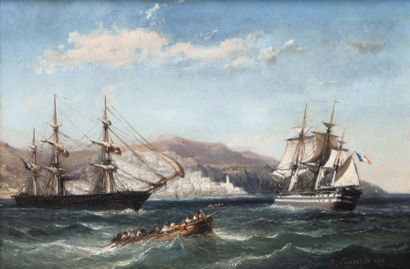 null Barthélémy LAUVERGNE (1805-1871) Navires dans la baie d’Alger Huile sur toile,...