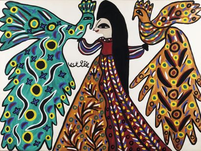 null MAHIEDDINE BAYA (1931-1998) Femme et deux oiseaux Gouache sur papier, signée...