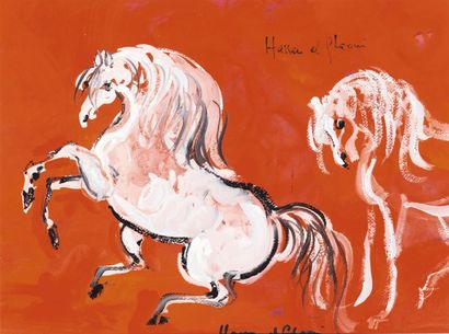null Hassan EL GLAOUI (né en 1924) Deux chevaux blancs sur fond rouge Gouache sur...