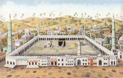 null Ecole orientaliste XXème siècle Vue de la Kaaba Gouache 29 x 42,5 cm