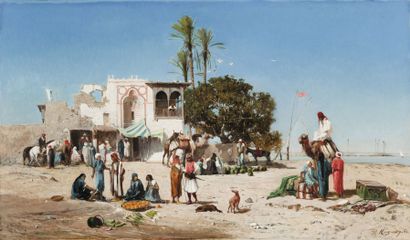 null Victor HUGUET (1835-1902) Marché au bord du Nil, 1860 Huile sur toile, signée...