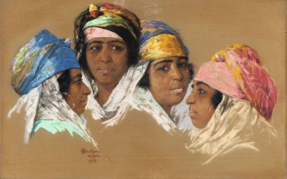 null Emile DECKERS (1885-1968) Portrait de quatre algérienne Pastel, signé en bas...