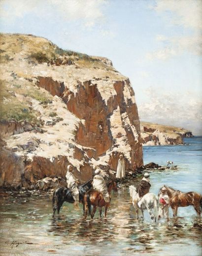 null Victor HUGUET (1835-1902) Cavaliers au bord de mer Huile sur panneau, signée...