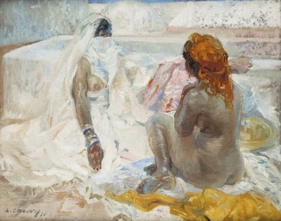 null Léon CAUVY (1874-1933) Femmes sur la terrasse Huile sur toile, signée en bas...