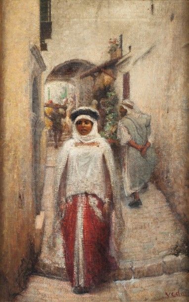 null Eugène VIDAL (1850-1908) Femmes dans la Kasbah Huile sur toile, signée en bas...