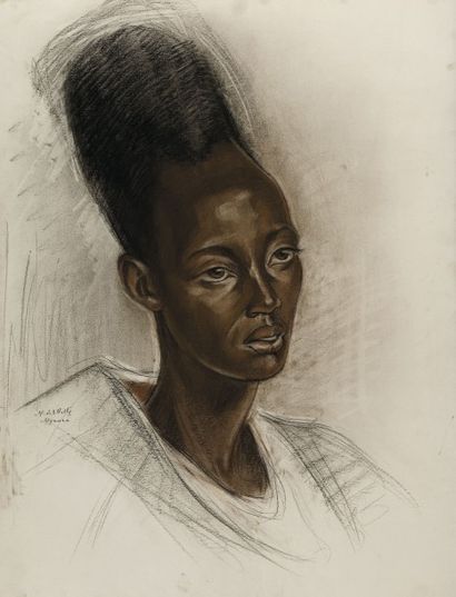 null Marthe DE WITTE (1893-1976) Portrait de Femme Tutsi Fusain et crayons de couleurs,...