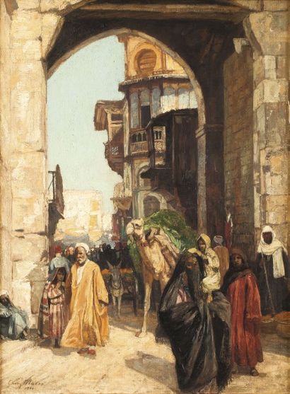 null Georg MACCO (1863-1933) Rue animée au Caire Huile sur toile, signée en bas à...