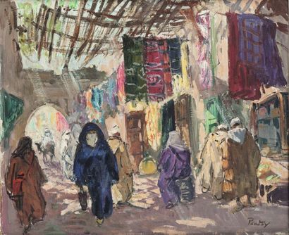 null Henri PONTOY (1888-1968) Souk couvert à Marrakech Huile sur toile, signée en...