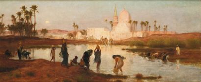 null Arthur GOODALL (1822-1904) Crépuscule sur une mosquée, environs du Caire Huile...