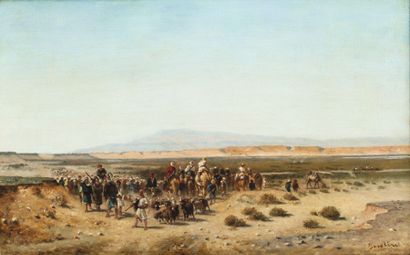 null Narcisse BERCHERE (1819-1891) La caravane en marche dans le désert Huile sur...