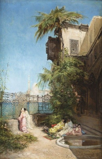 null Godefroy de HAGEMANN (1820-1877) Harem avec vue sur la mosquée Huile sur toile,...