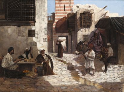 null Alphonse-Adolphe MIELICH (1863-1929) Le marchand de pain au Caire Huile sur...