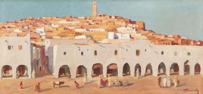 null Maurice BOUVIOLLE (1893-1971 ) Place à Ghardaïa Huile sur panneau, signée en...