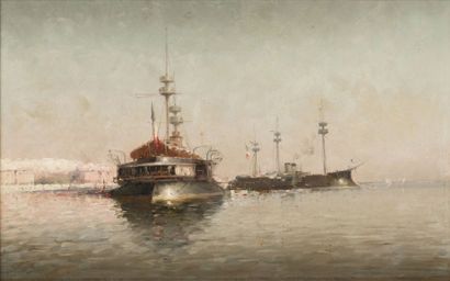 Marius RAYNAUD (1860-1935) Le Cuirassé Amiral...