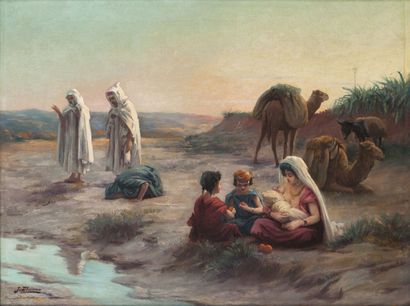 null José ALSINA (1850-19..) Maternité dans le désert Huile sur toile, signée en...
