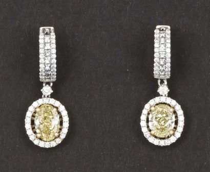 null Paire de pendants d'oreilles en or gris ornés chacun de lignes de diamants princesses...