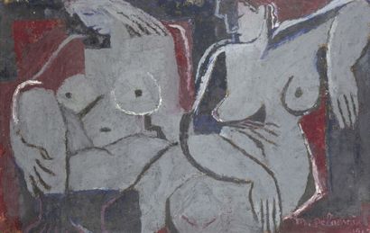 Marthe DELACROIX (1898-1970) Femmes en bleu Huile sur toile, signée en bas à droite....