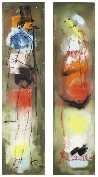 Janine JANET (1913-2000) Personnages Paire de plaques de peinture sur verre. 132...