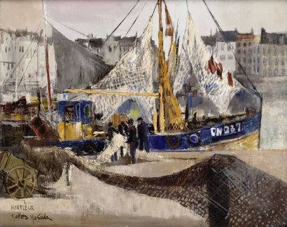 Makoto MASUDA (1905-c.1989) Sur les quais du port de Honfleur Huile sur toile, signée...