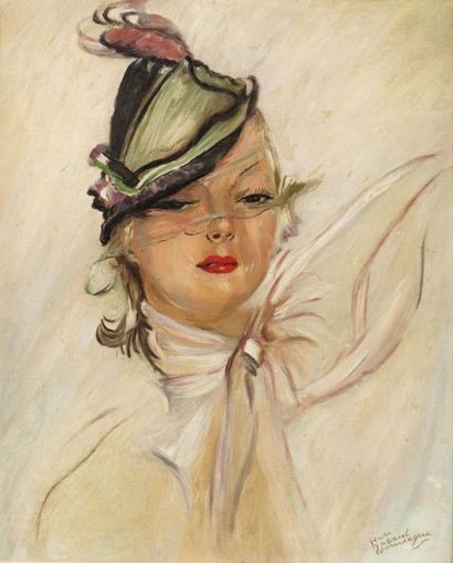 Jean Gabriel DOMERGUE (1889-1962) Portrait de jeune femme Huile sur toile marouflée...