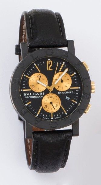 null BULGARI « Saint Moritz» - Bracelet montre Chronographe en carbone noir. Cadran...