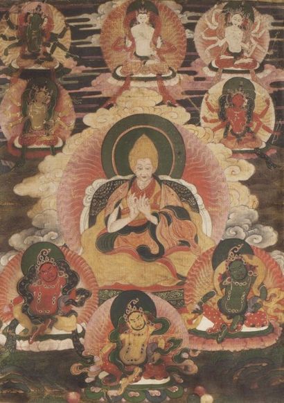 null Petit thangka en polychromie sur toile, représentant Tsongkhapa assis en méditation...