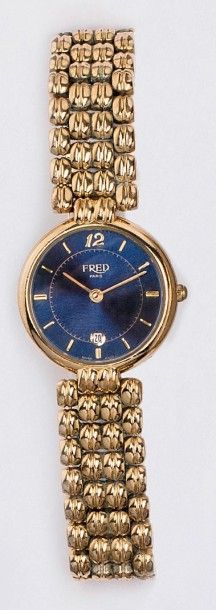 null FRED - Bracelet-montre en métal doré, cadran bleu, date, mouvement à quartz,...