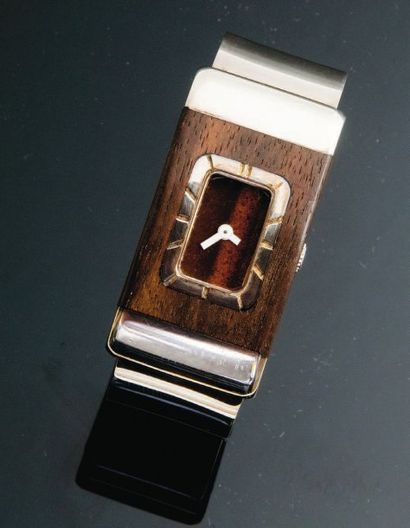 LANVIN (Bracelet de Force Argent / Bois), vers 1975 Montre rectangulaire « bracelet...