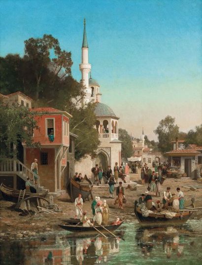 Fabius BREST (1823-1900) Débarcadère à Scutari d'Asie Huile sur toile, signée en...