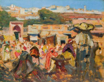 Jacques MAJORELLE (1886-1962) Scène de marché à Fès Huile sur panneau, signée en...