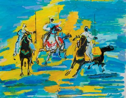 Hassan EL GLAOUI (Né en 1924) Trois cavaliers Gouache, signée en bas à droite. 48,5...