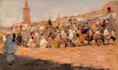 Félipe BARANTES ABASCAL (1871-1948) Marché à Marrakech Huile sur panneau, signée,...