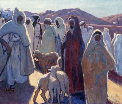 Maurice BOUVIOLLE (1893-1971) Le marché aux moutons à Boghari. Huile sur toile, signée...