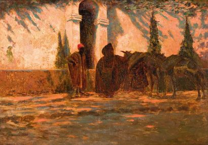 Charles Henri Gaston DAGNACRIVIERE (1864-1945) Marocains à la fontaine Huile sur...