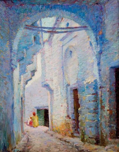 Léon CAUVY (1874-1933) Enfants dans les rues de la Casbah Huile sur toile maroufl...