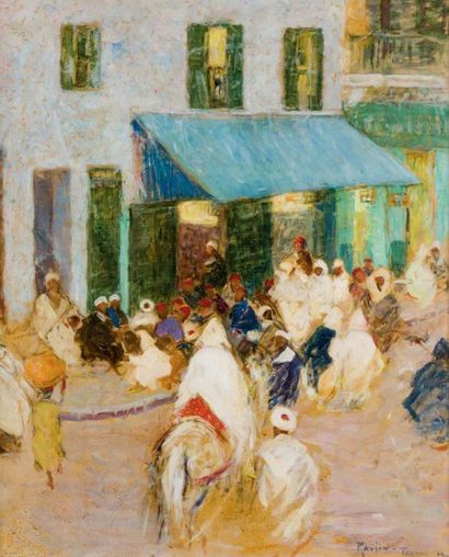 Grace RAVLIN (1885-1956) Place à Tanger Huile sur toile, signée en bas à droite,...