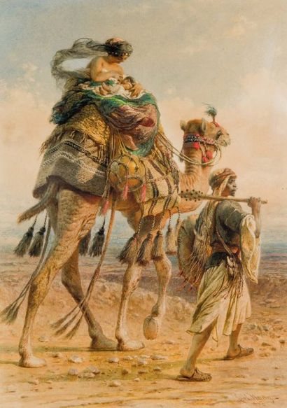 Carl HAAG (1820-1915) Maternité sur un chameau Aquarelle, signée en bas à droite...