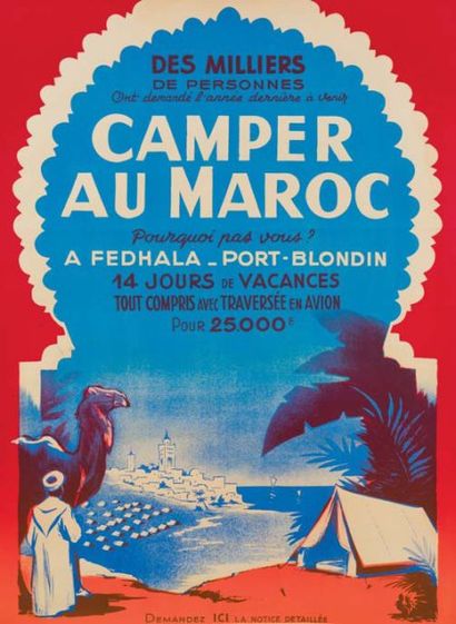 null [AFFICHE]. Camper au Maroc à Fedhala-Port Blondin. Paris, Imp St Martin. 80x59...