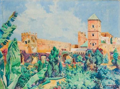 Eugène BERNHARDT (1898-1984) Jardins des Oudayas, Rabat Aquarelle, signée en bas...