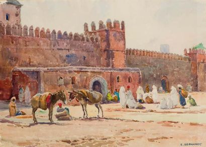 Eugène BERNHARDT (1898-1984) Les remparts des Oudayas, Rabat Aquarelle, signée en...
