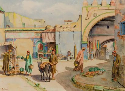 Pierre GRIMALDI (1891-1973) Marché de Nabeul, Tunisie Aquarelle, signée en bas à...