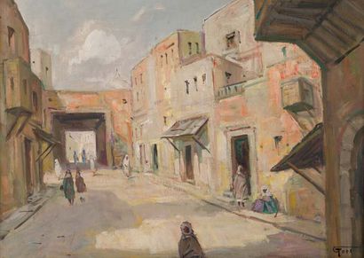 GORI (XXème siècle) Ruelle au Maroc Huile sur toile, signée en bas à droite. Contresignée...