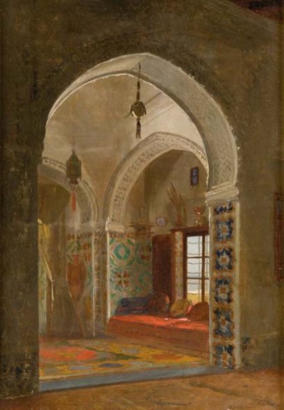 David Emile Joseph DE NOTER (1818-1892) Intérieur algérien Huile sur papier maroufl...