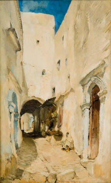 Etienne MARTIN (1858-1945) Rue de Mogador, Maroc Huile sur panneau d'acajou, signée...